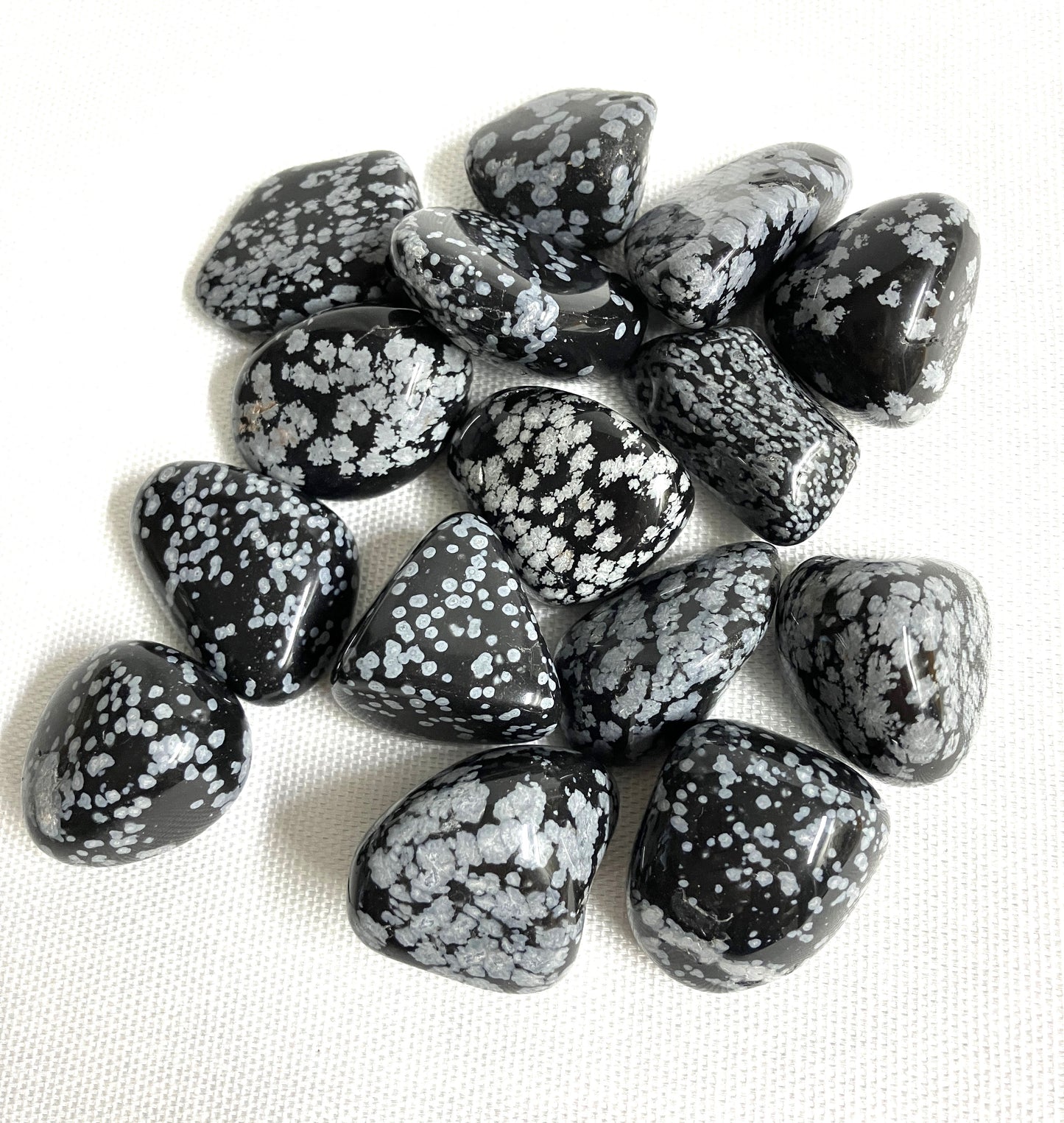 Snowflake Obsidian Crystals showing the variations of patterns on a white background