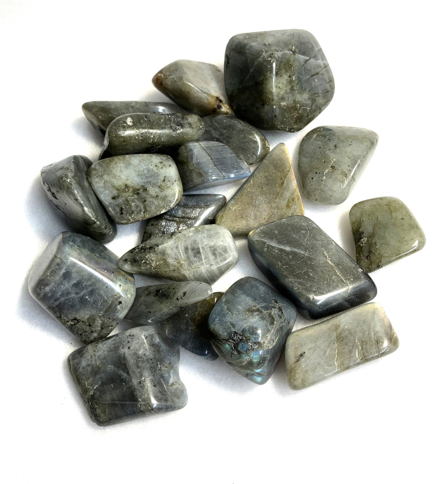 Collection of Tumbled Labradorite Crystals displayed on a white background