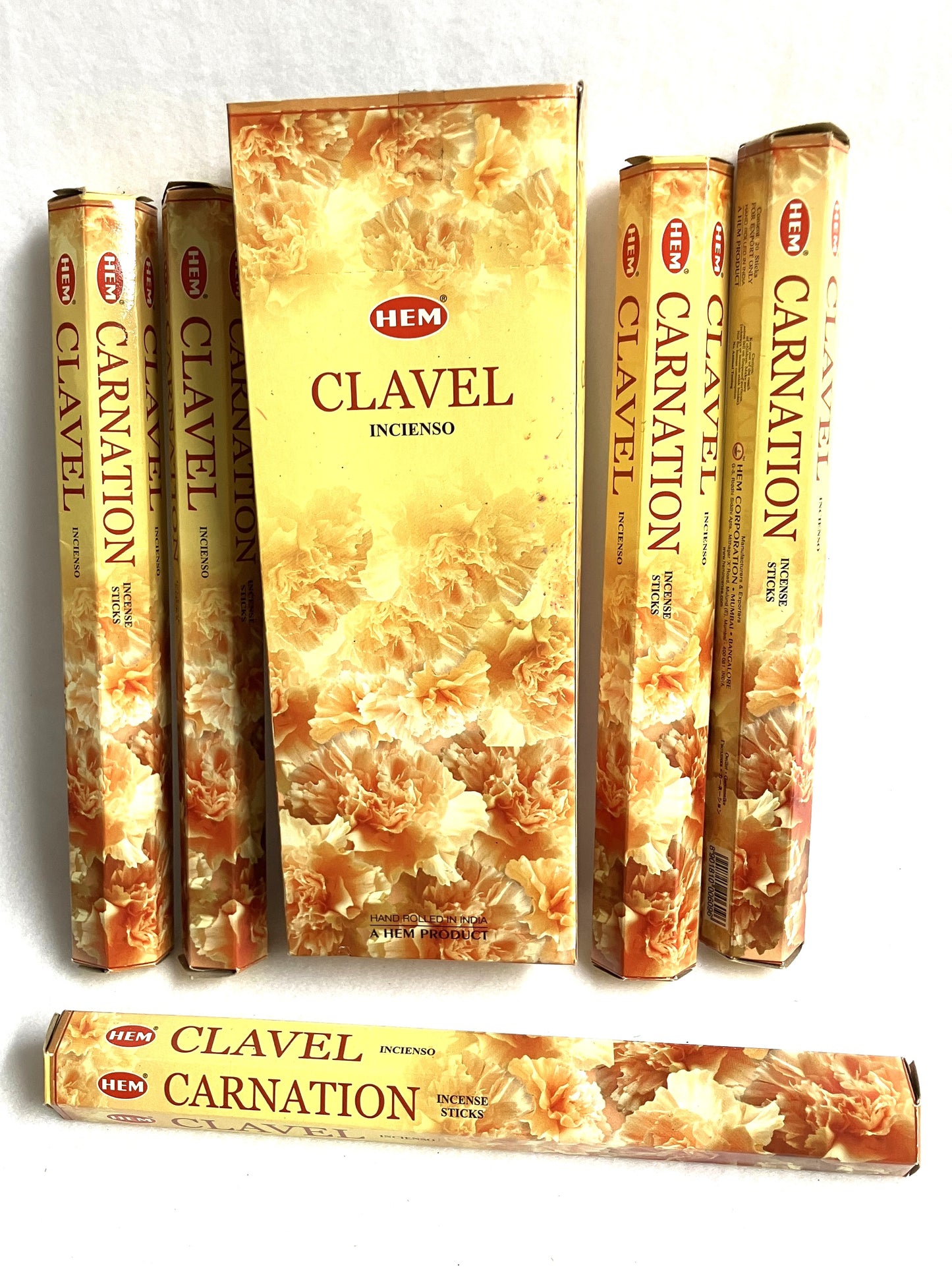 Hem Clavel Carnation incense sticks with packaging on a white background