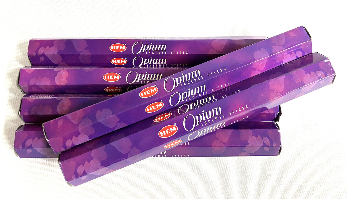 Purple HEM Opium incense sticks packaging on a white background