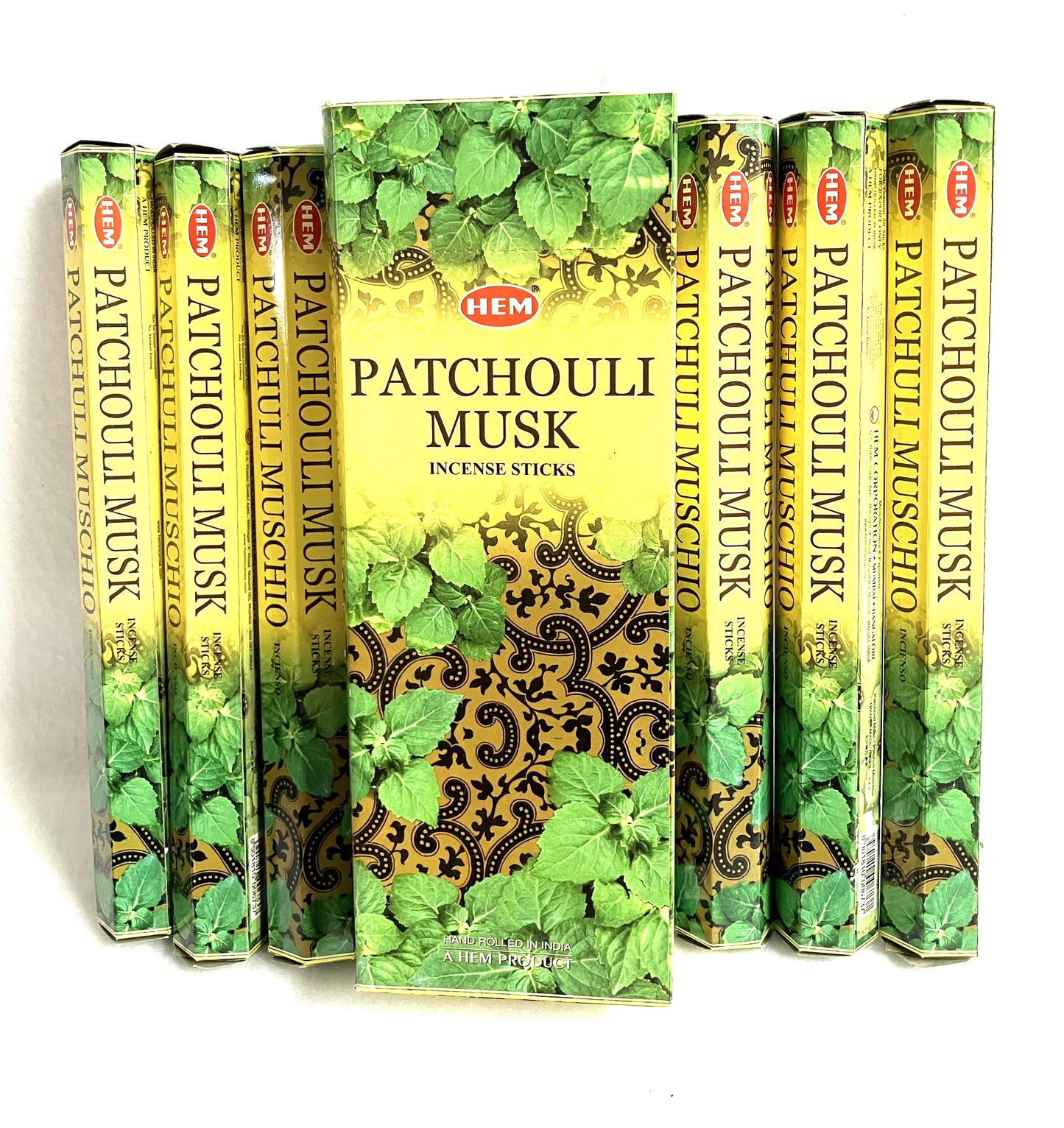 Hem Patchouli Musk incense sticks packaging on a white background