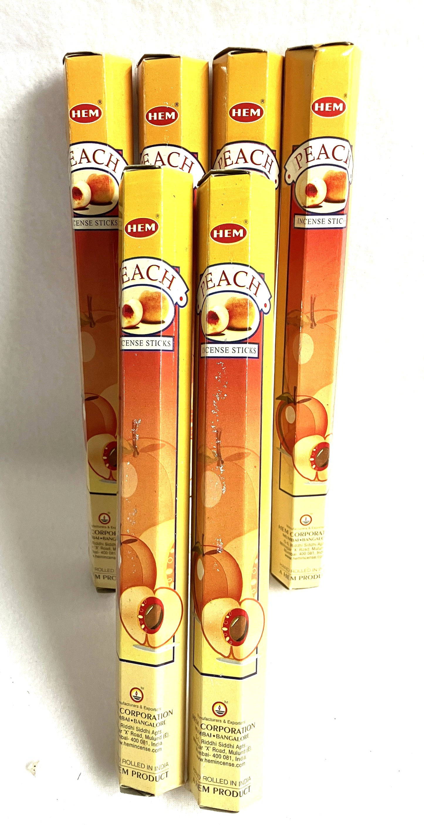 HEM Peach Incense Sticks packaging on a white background