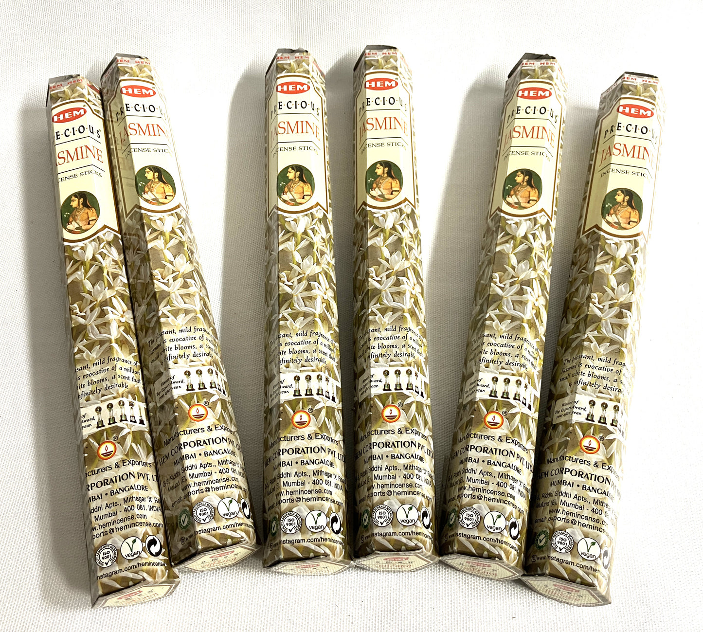 Six packages of Hem Incense sticks Jasmine on a white background