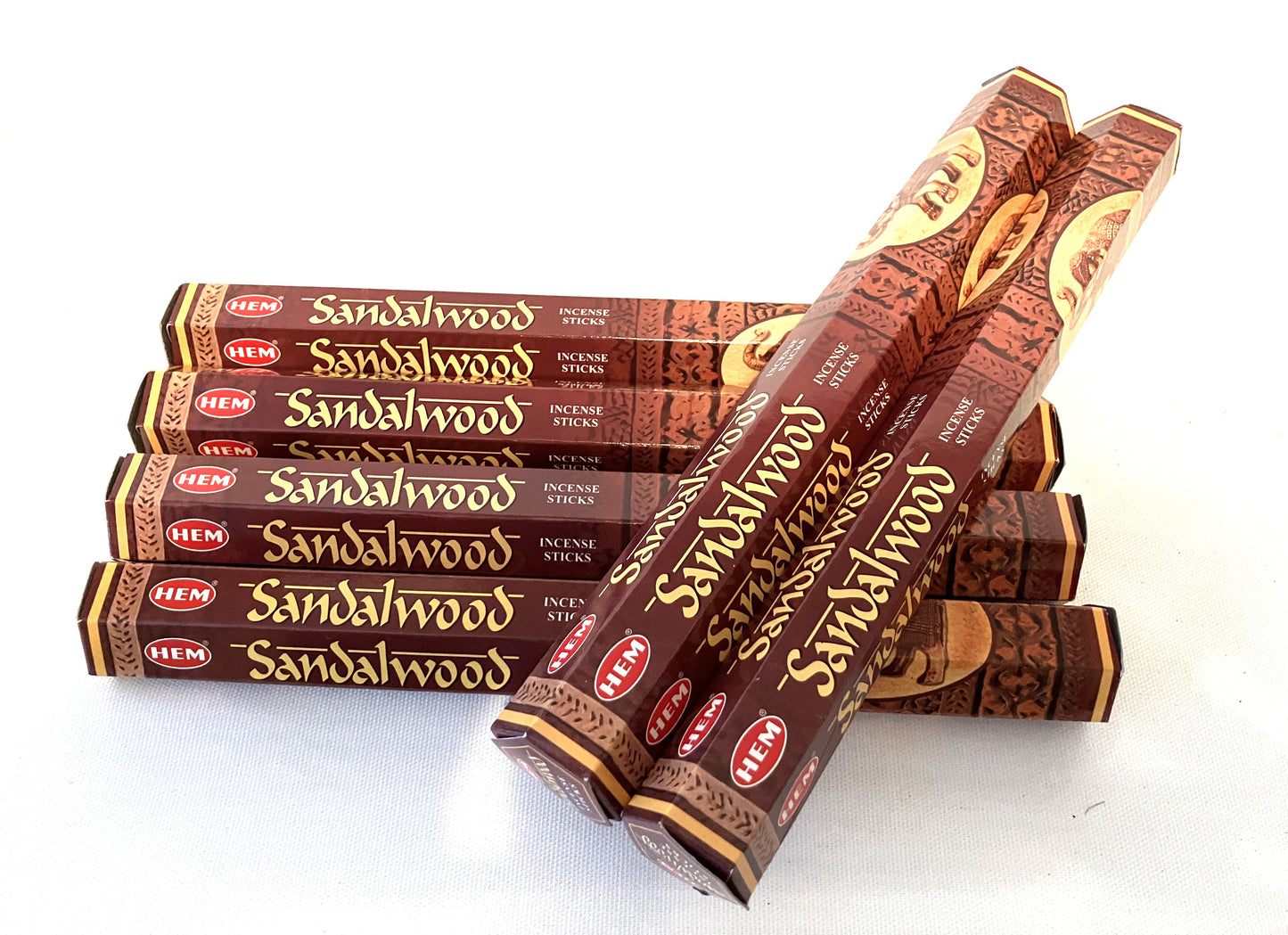 Individual 20 Stick boxes of Hem Sandalwood incense on a white background