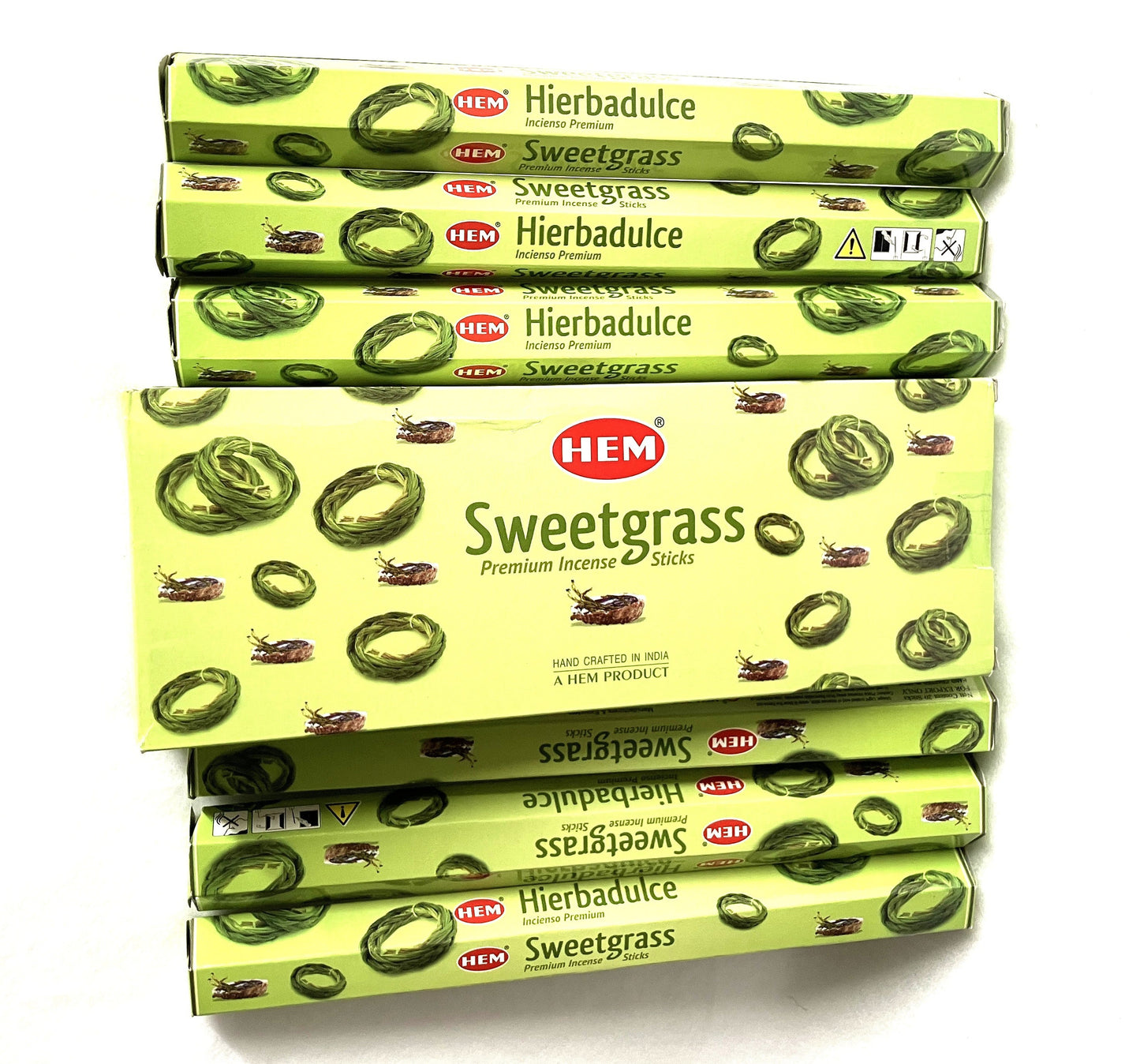 Packaging of LEM Sweetgrass incense sticks on a white background