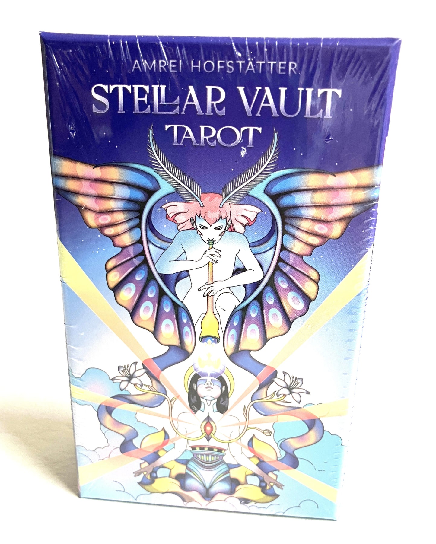 Stellar Vault Tarot card packaging with angelic design on a white background