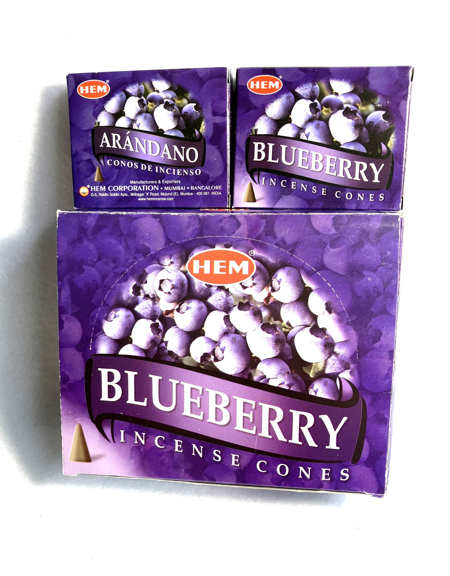 HEM Blueberry incense cone boxes on a white background showing a master carton and 2 individual boxes of 10 cones