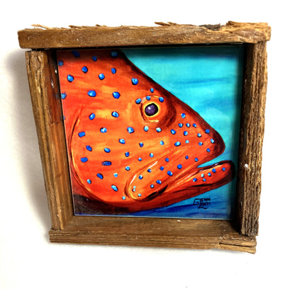 Painting of a Coral Grouper  in a wooden Lobster Trap frame