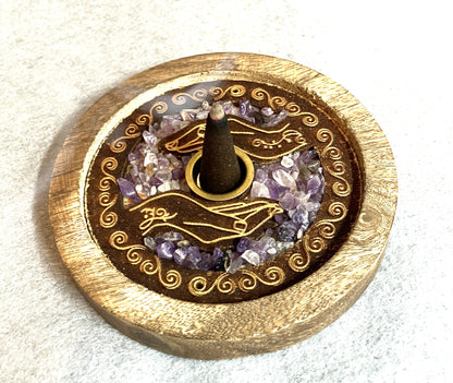 Decorative Mango wooden incense burner with hand design and Amethyst crystals shown with a cone incense burning
