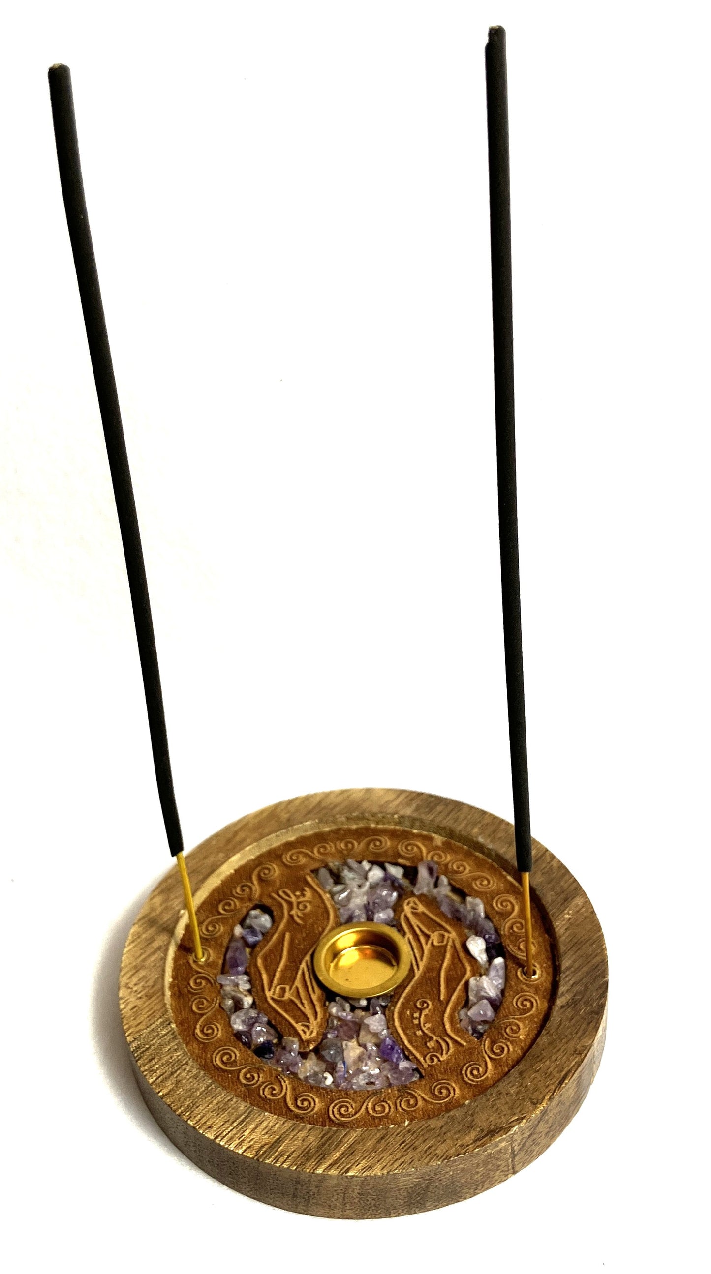 Mango wooden incense burner with decorative design, Amethyst crystals and incense sticks showing a place to burn cone incense as well