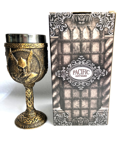 Decorative Thor goblet with intricate designs and stainless steel insert shown with  the Pacific Giftware box.