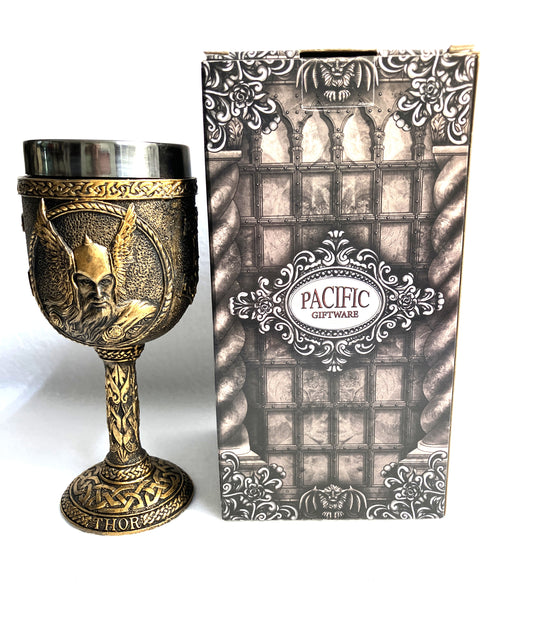 Decorative Thor goblet with intricate designs and stainless steel insert shown with  the Pacific Giftware box.