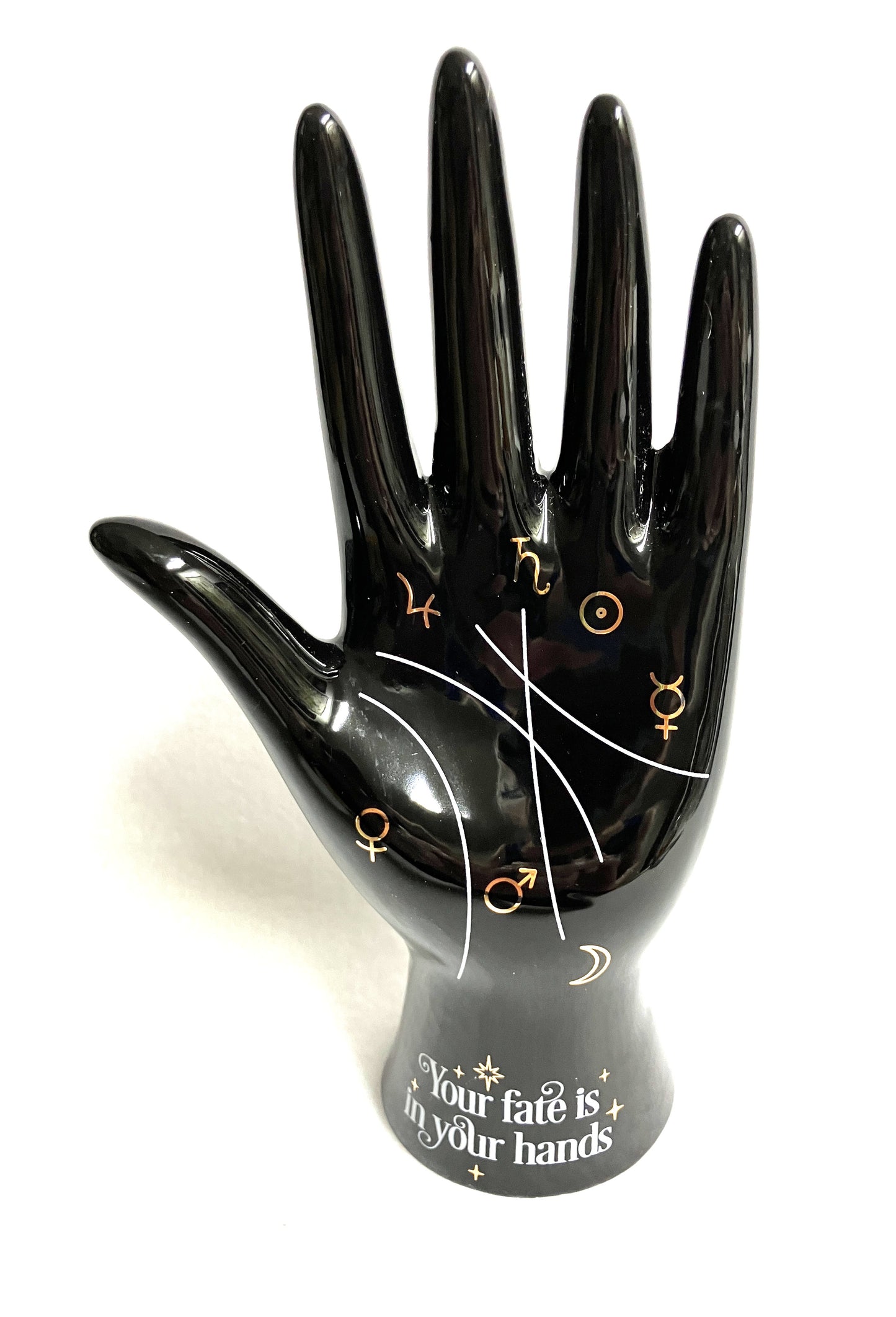 Black ceramic hand with palm reading design and 'Your fate is in your hands' text on the palm of the hand.