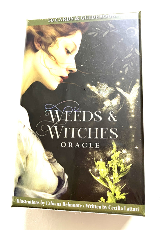 Packaging of 'Weeds & Witches Oracle' with a woman and plant illustration on a white background.