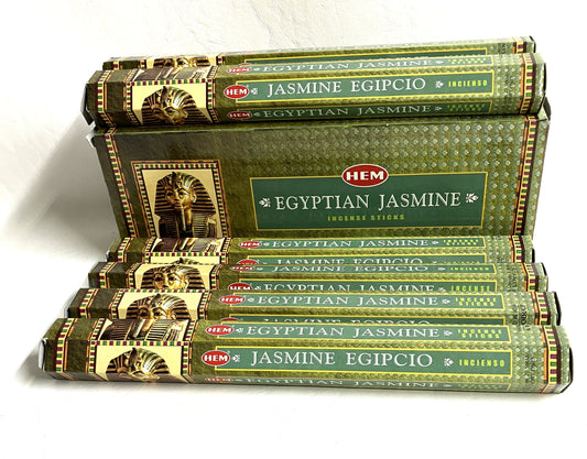 Stack of HEM Egyptian Jasmine incense packages shown on a white background