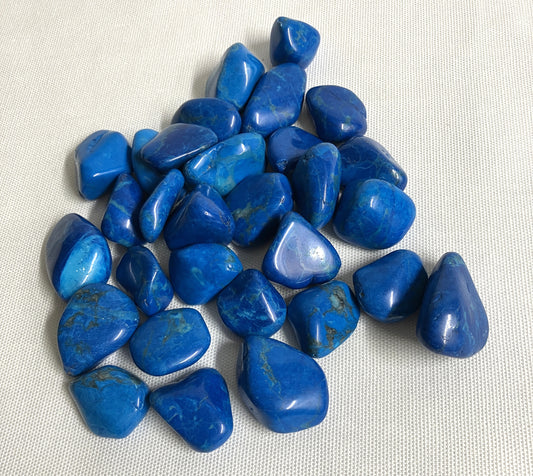 Large group of Dyed Blue Howlite Crystals on a light gray background