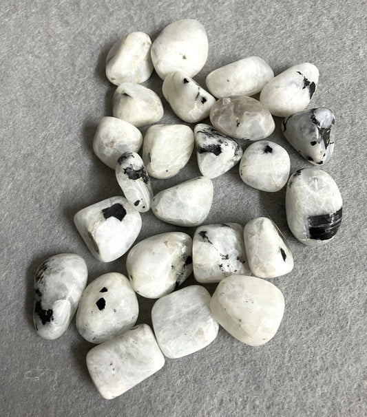 Front view of Rainbow Moonstone Crystals on a gray surface