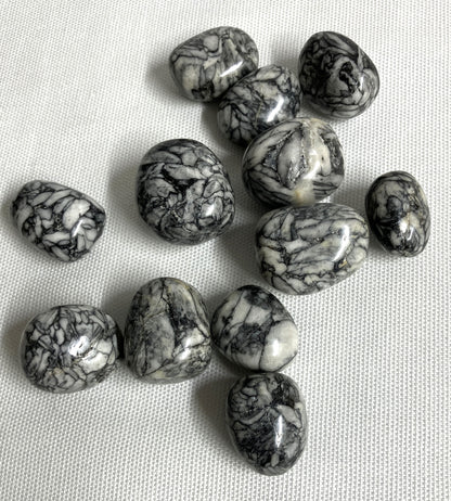 Pinolith Jasper Crystals showing the great pattern, on a light fabric background