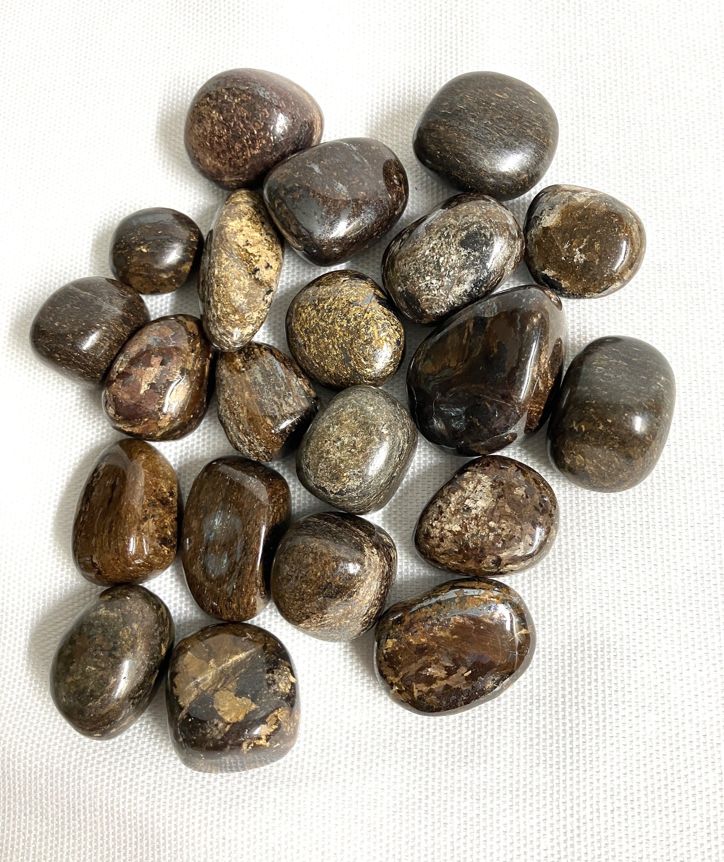 Group of Bronzite Crystals on a white fabric background