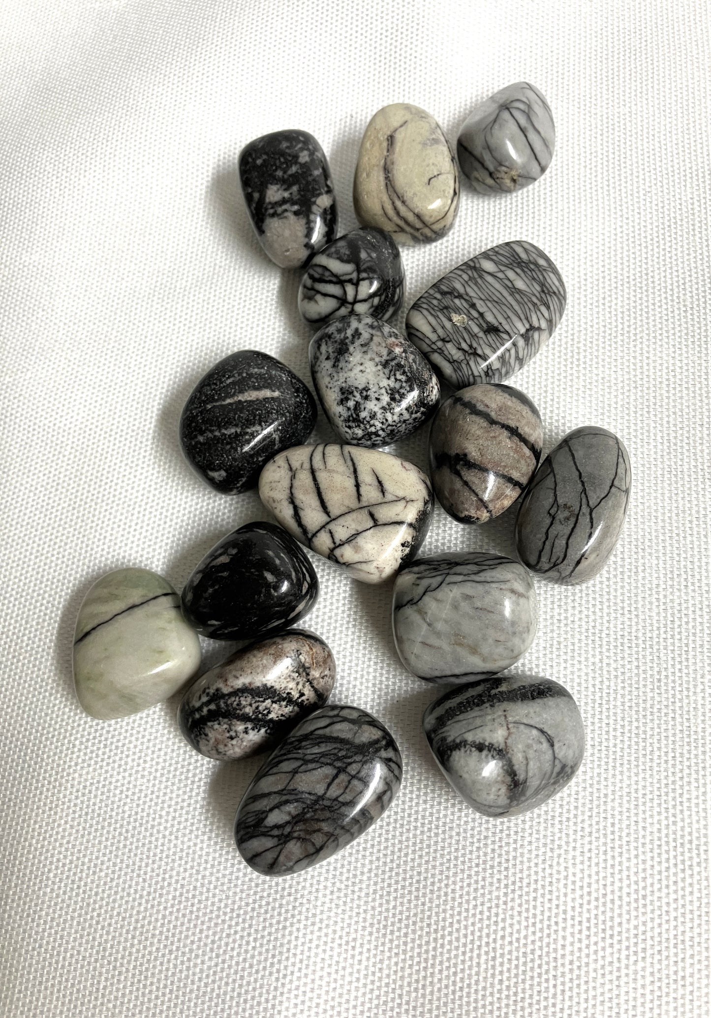 Back view of Spider Web Jasper Crystals on a white fabric background