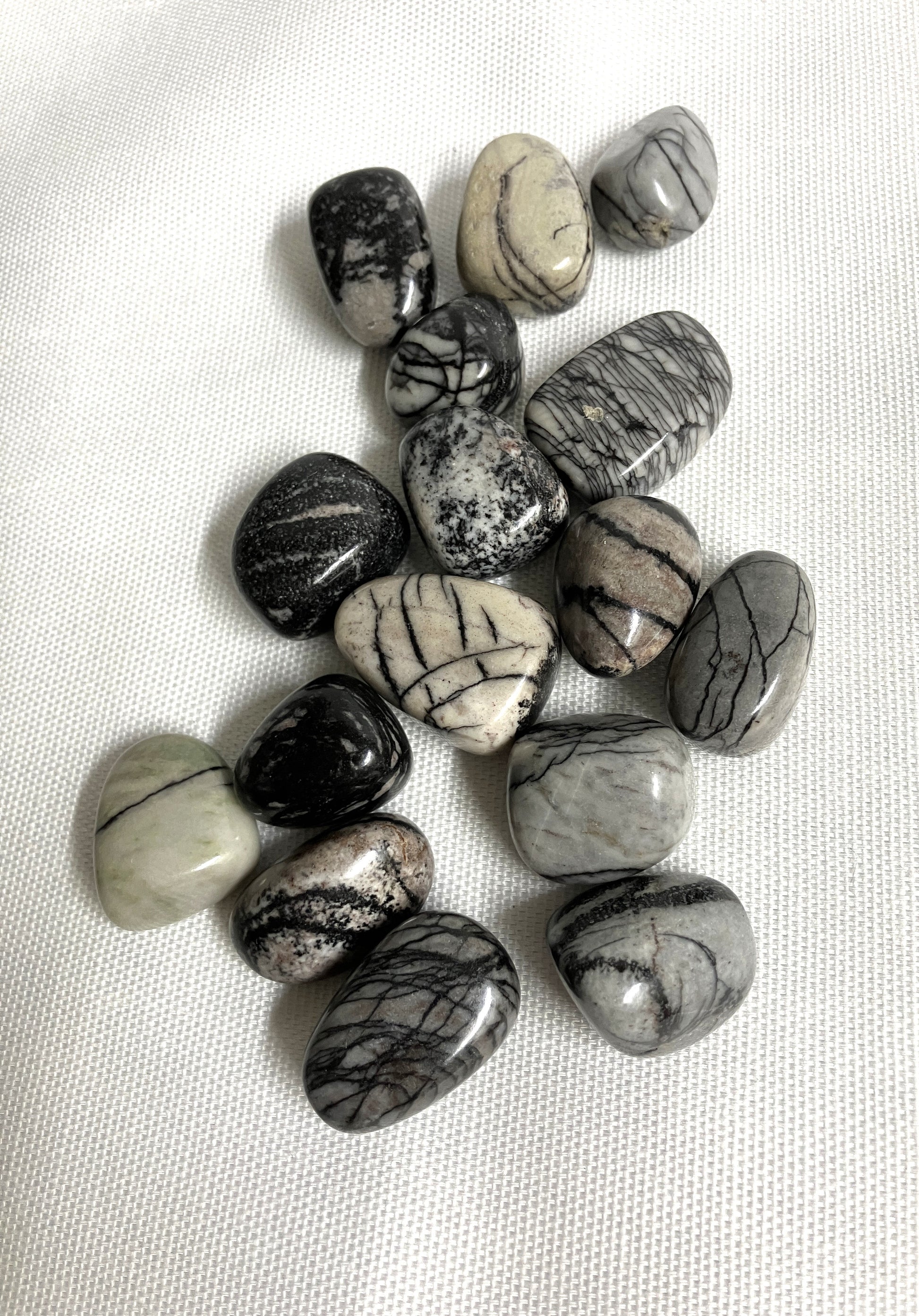 Back view of Spider Web Jasper Crystals on a white fabric background