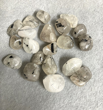 Collection of Tourmalinated Quartz Crystals with black inclusions on a light gray background