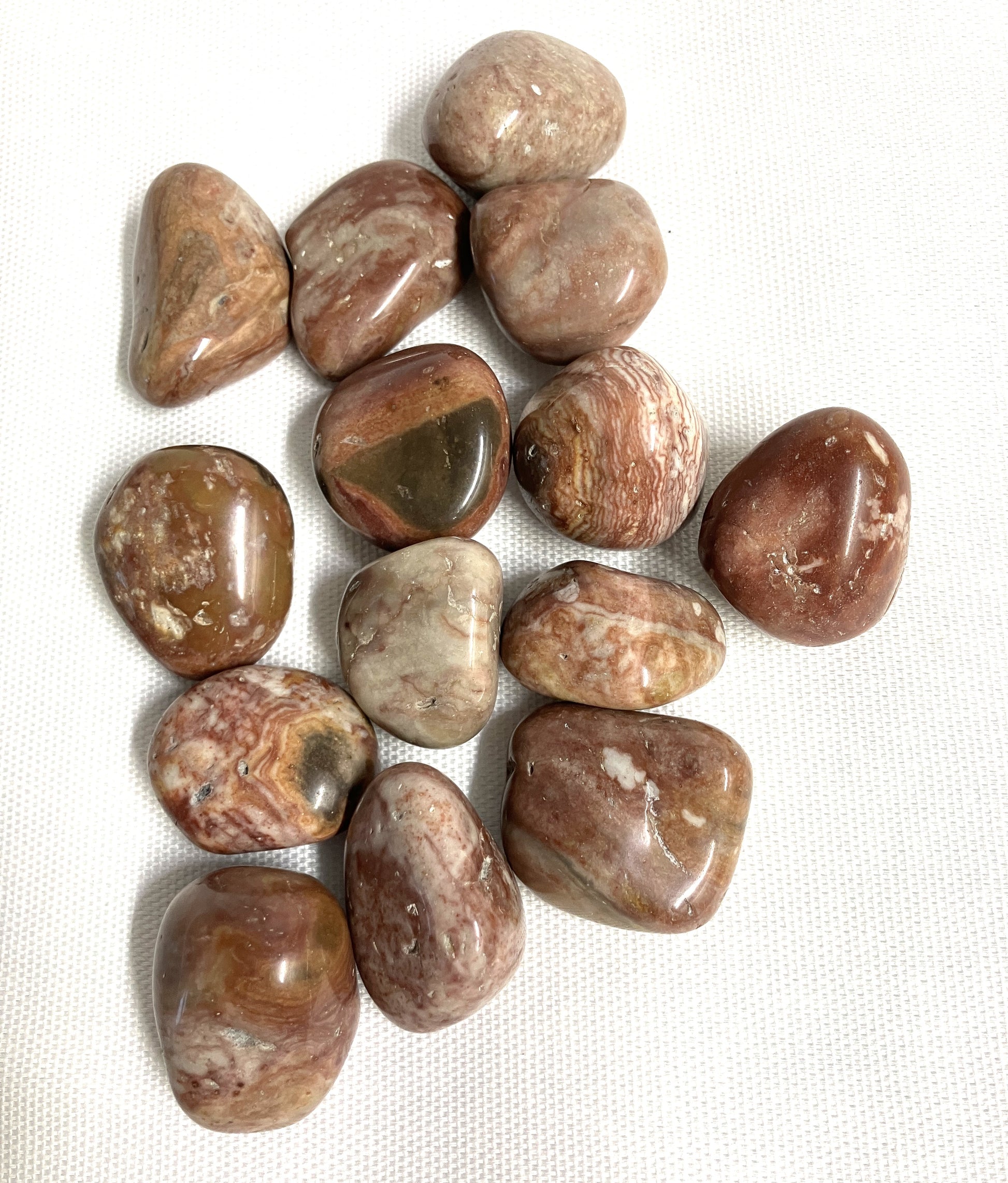 Crazy Lace Agate Crystals showing the assorted pattern and color combinations on a white fabric background