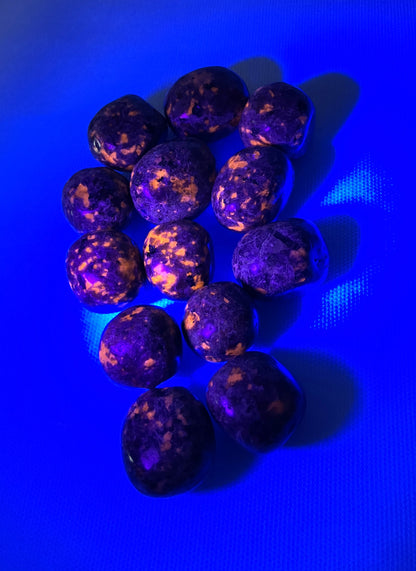 Back side of Flame Crystal AKA Yooperlite shown under UV light on a blue background