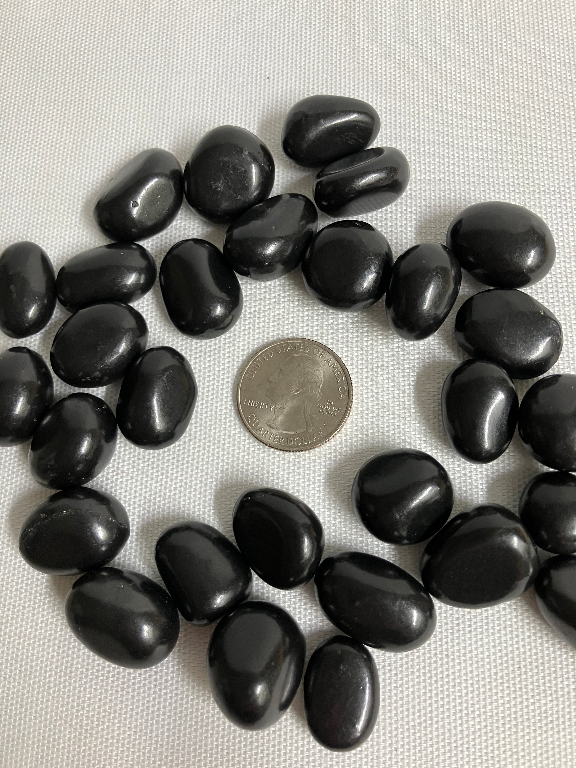 Shungite Crystals  arranged in a circular pattern with a quarter coin for scale on a white background