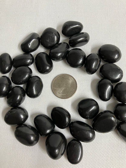 Shungite Crystals  arranged in a circular pattern with a quarter coin for scale on a white background