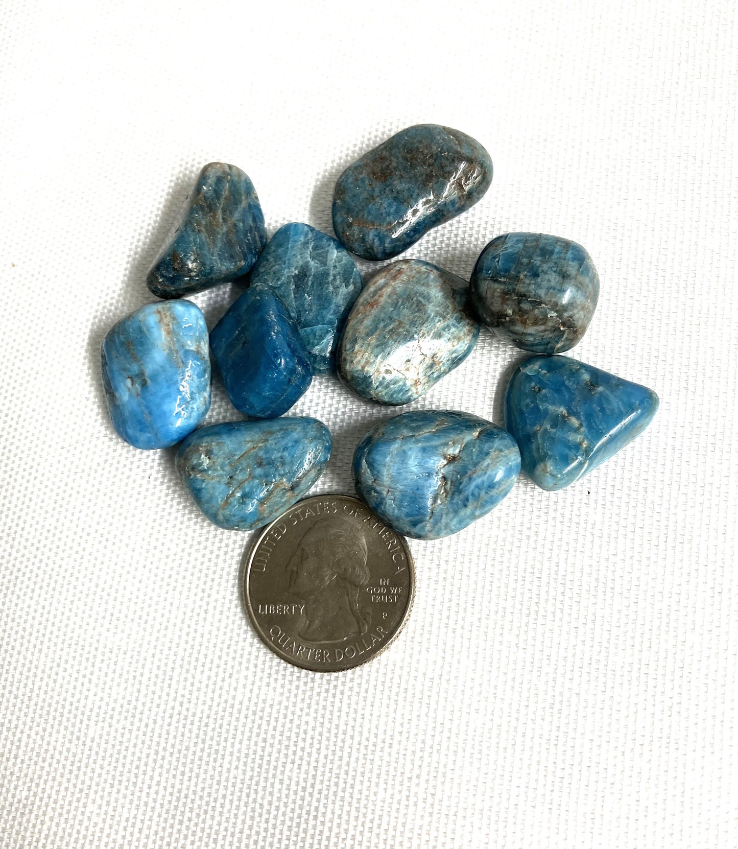 Blue Apatite Crystals on a white background shown with a quarter for scale on the back side