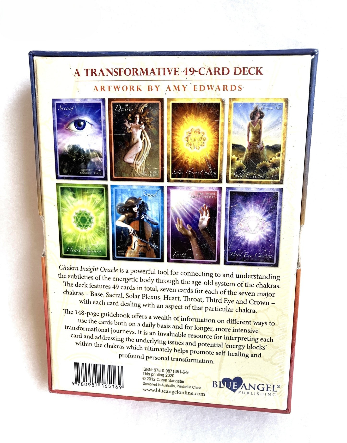 Back view of Chakra Insight Oracle deck packaging with artwork by Amy Edwards.