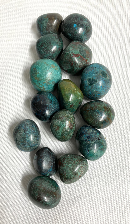 Assorted Chrysocolla Crystals on a white fabric background