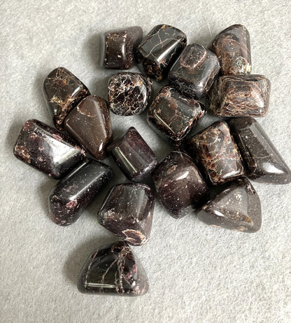 Collection of Almandine Garnet Crystals on a light gray background