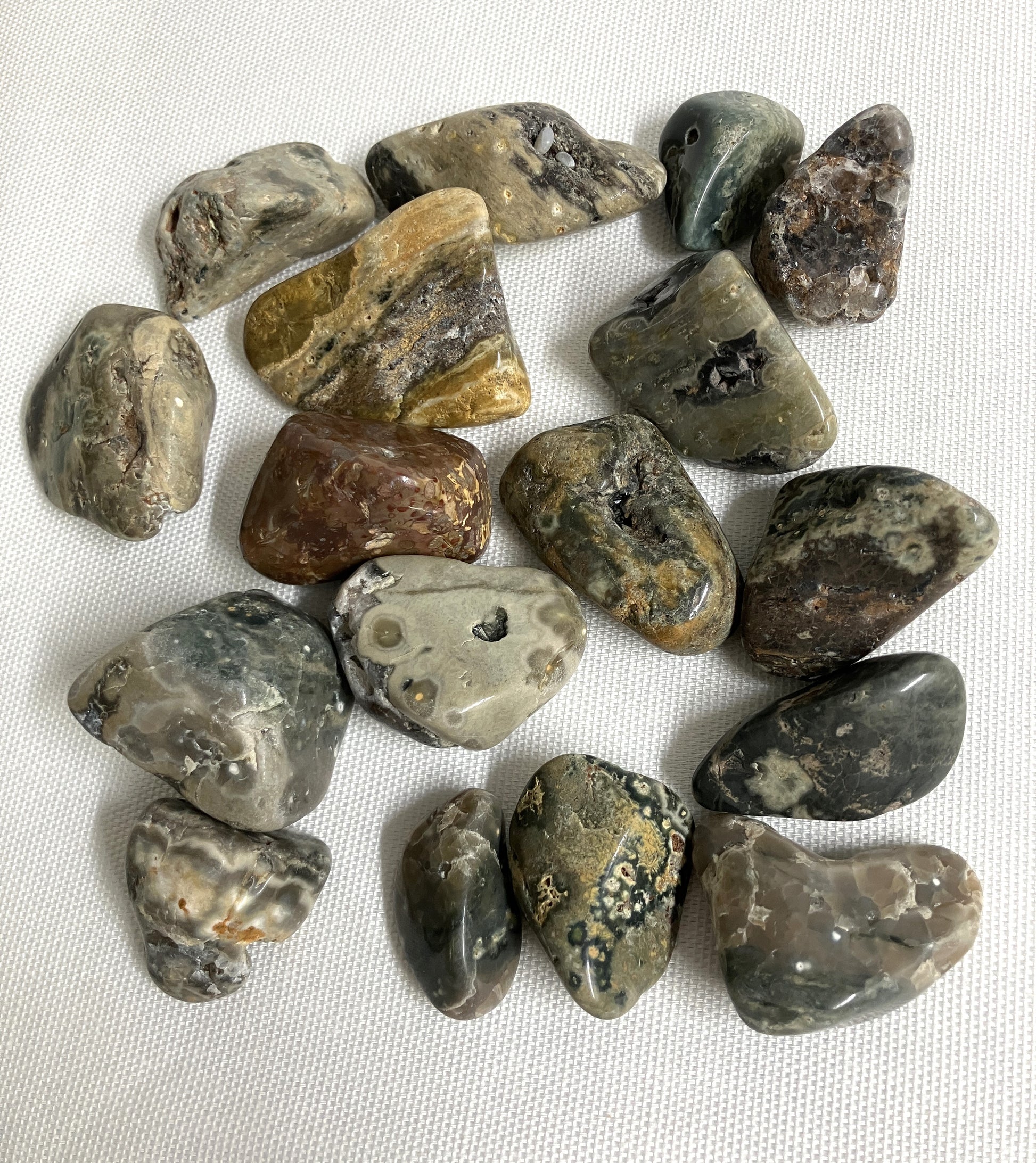 Collection of Ocean Jasper Crystals showing various textures on a white fabric background