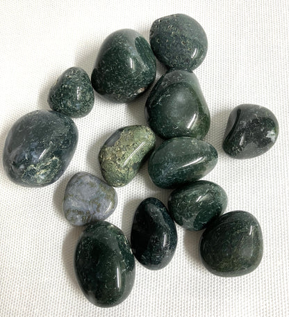 Collection of Moss Agate Crystals showing the back view on a white fabric background