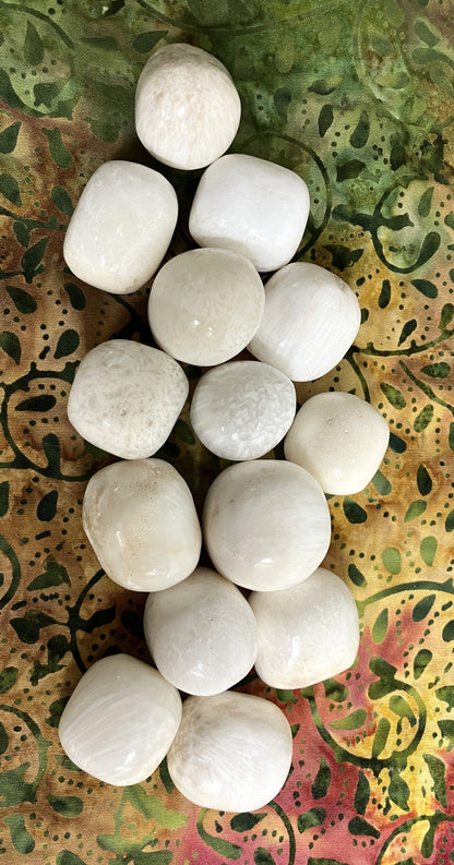 Group of Scolecite Crystals on a patterned fabric background
