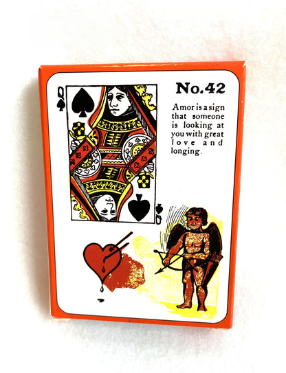 Back view of the Gypsy Witch Fortune Telling Playing card deck with a face value of 'No. 42' and decorative elements on a white background