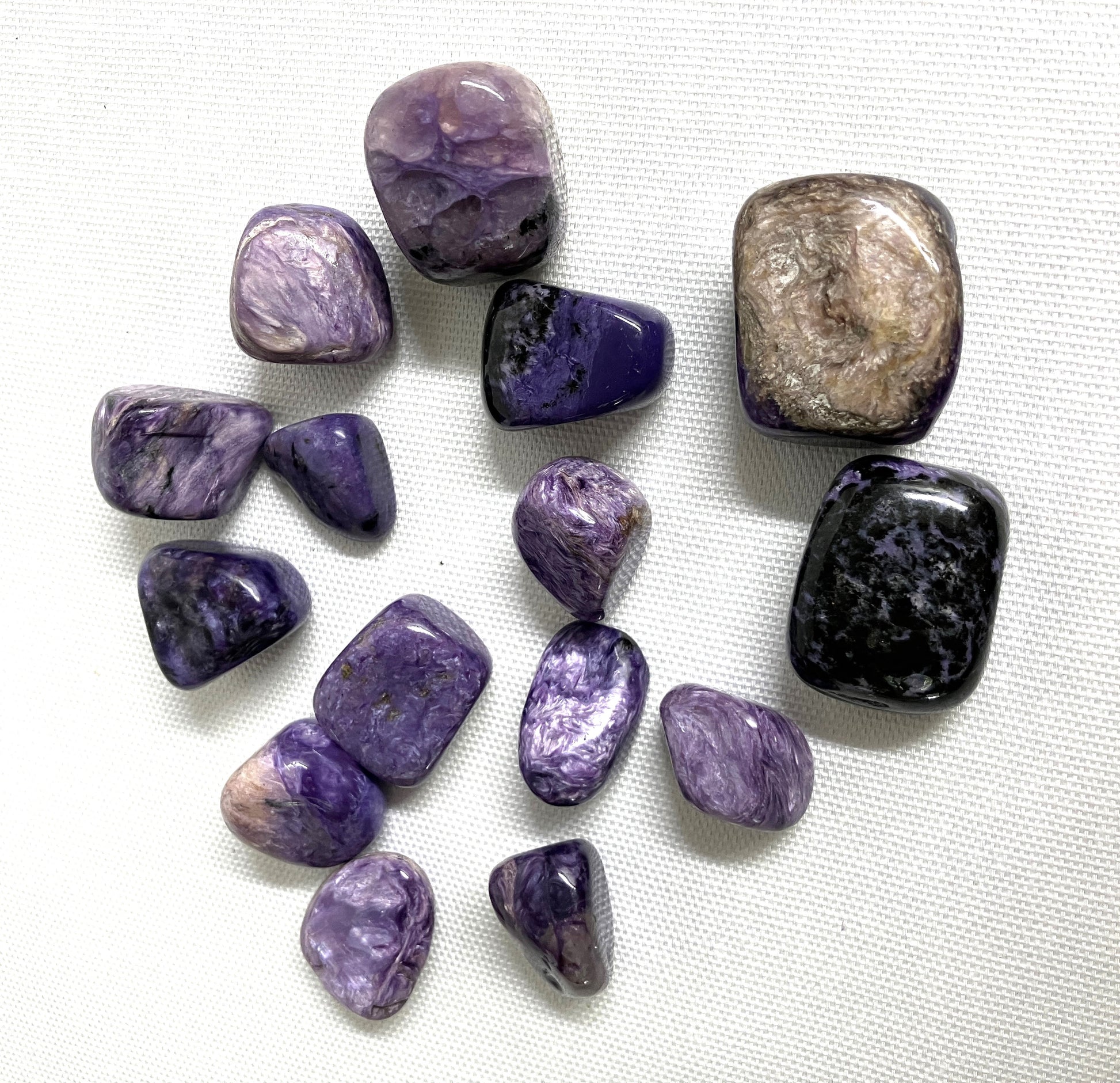 Collection of Charoite Tumbled Crystals showing variations on a white background