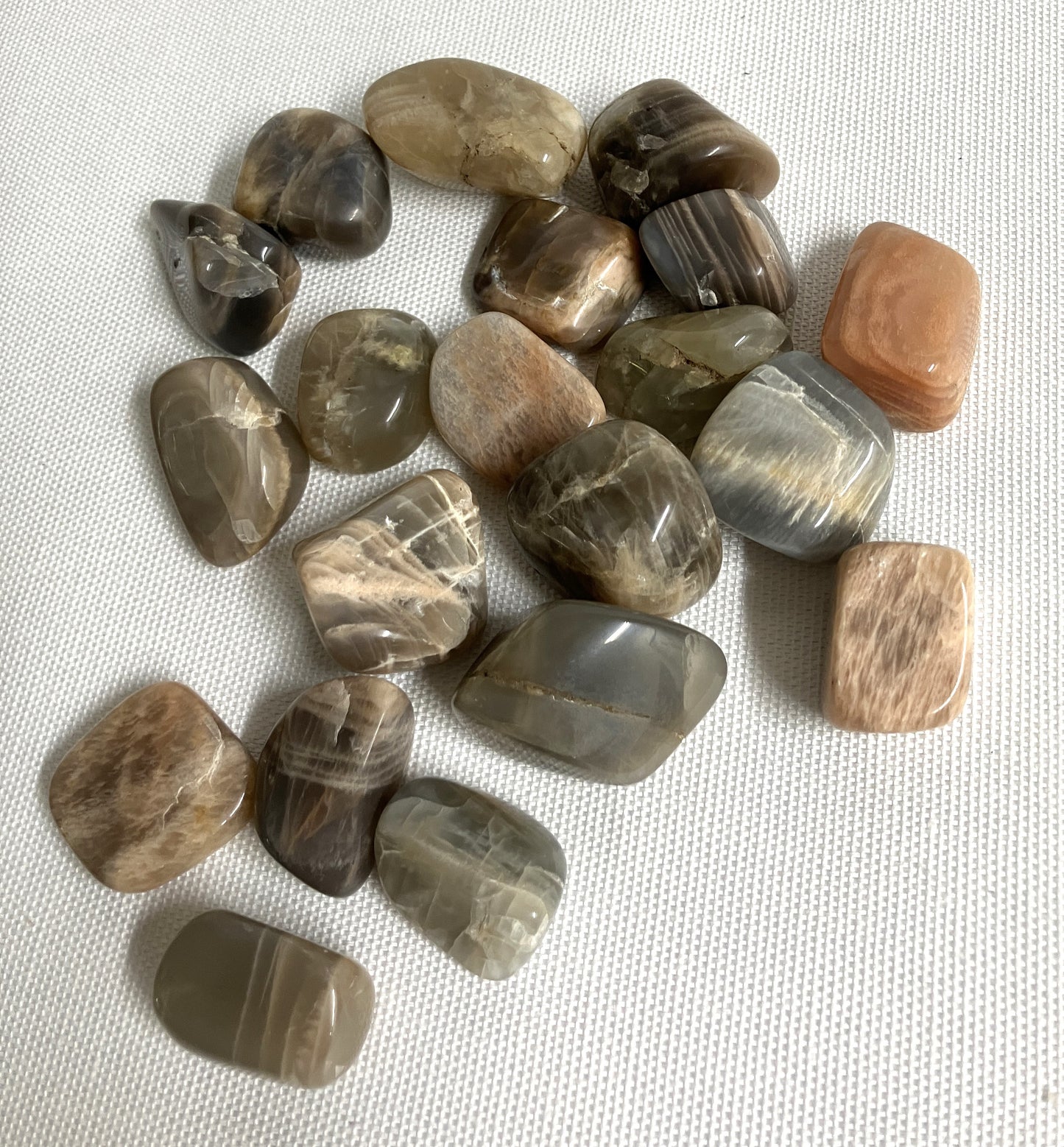 Tumbles Black Moonstone Crystals showing assorted patterns and colors on a light fabric background