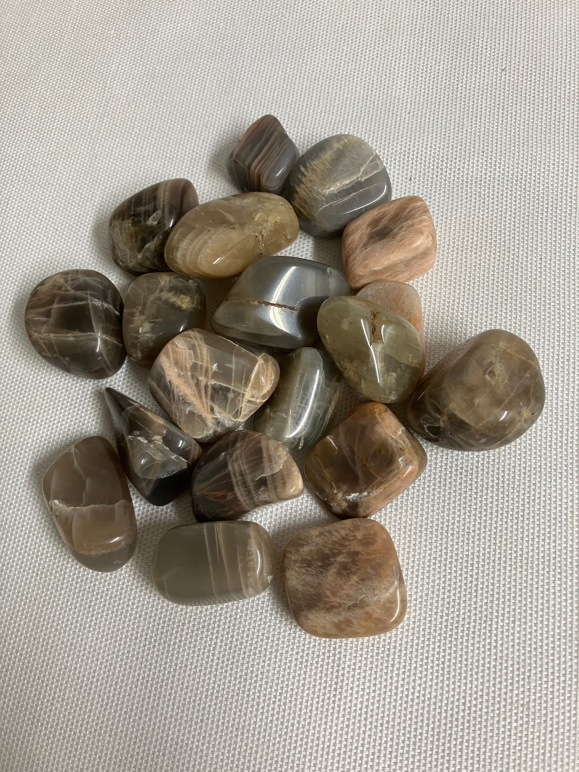 Collection of Black Moonstone Crystals on a textured white surface