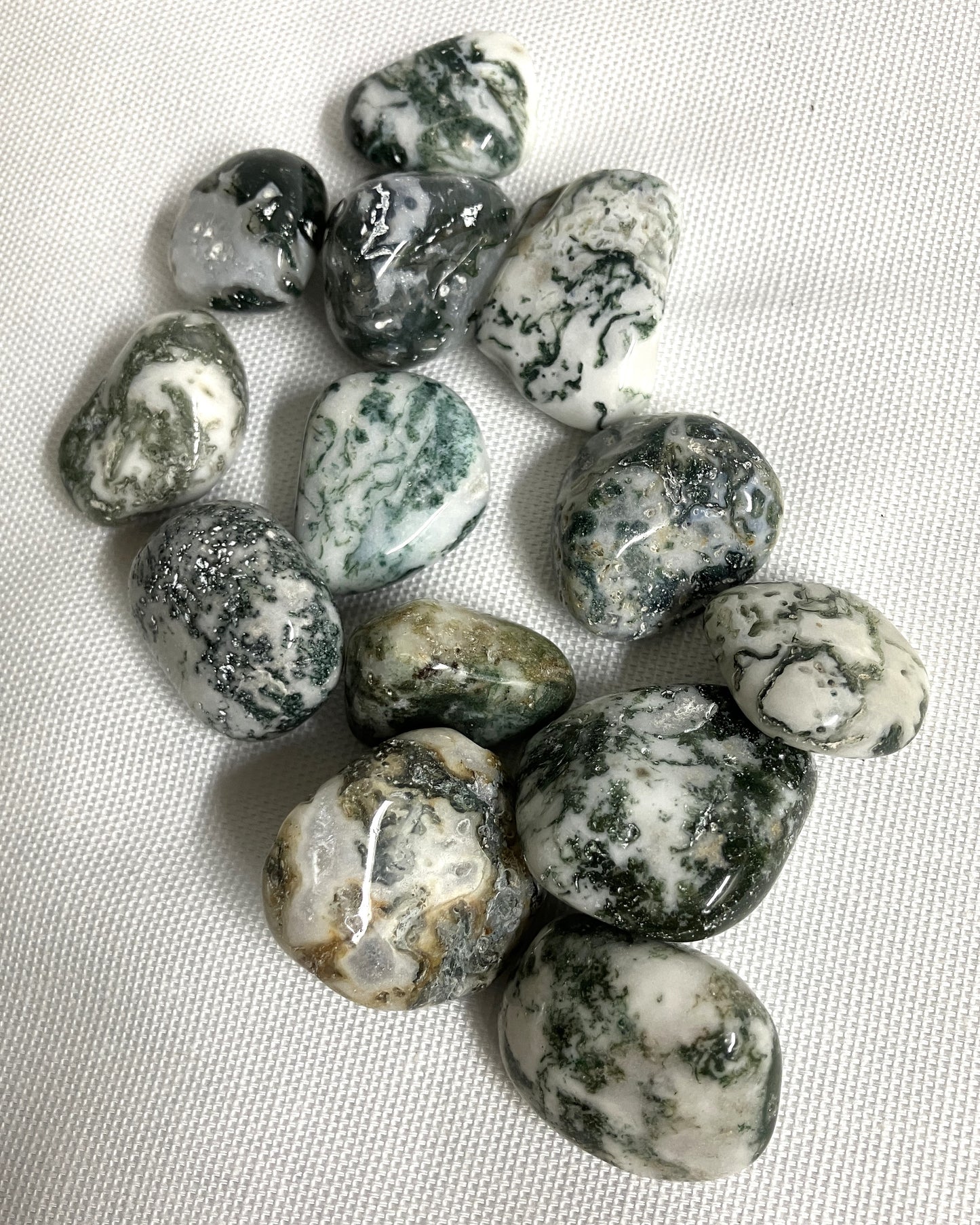Closeup view of Tree Agate Crystals  on a light fabric background