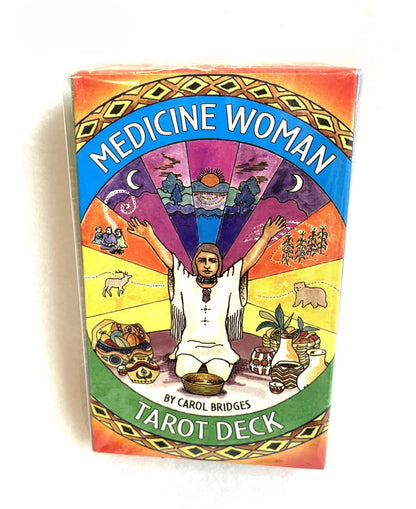Tarot deck cover titled 'Medicine Woman' by Carol Bridges with colorful design and central figure.