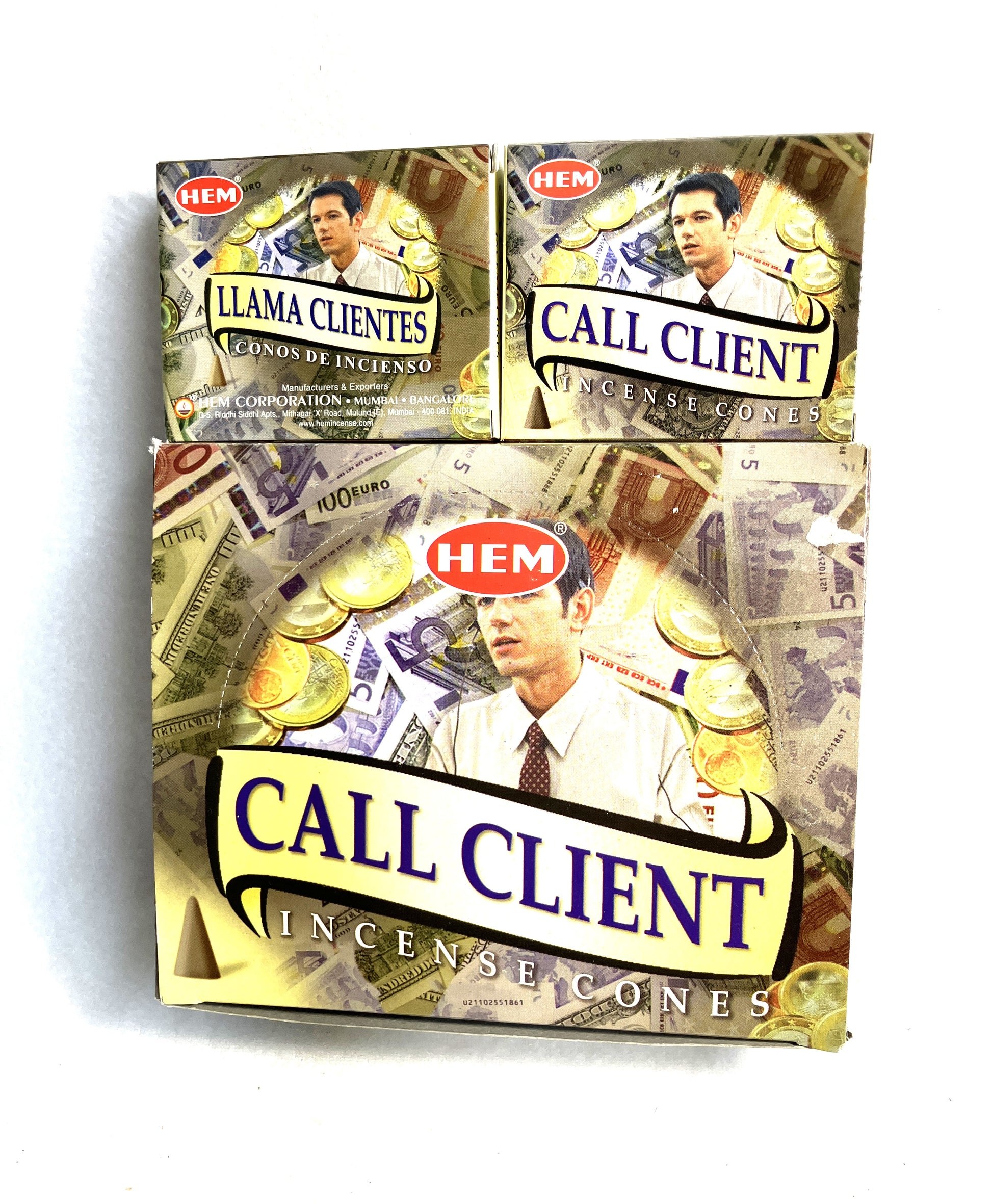 Master carton and two boxes of HEM Call Client Incense Cones shown on a white background
