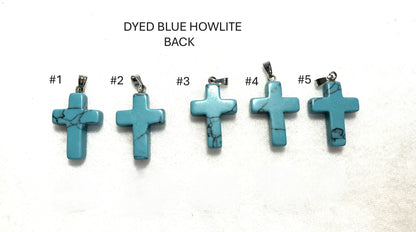 Five Dyed Blue Howlite Cross pendants labeled #1 to #5 on a white background with text 'DYED BLUE HOWLITE BACK'.