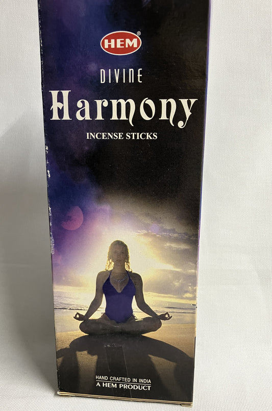 Box of HEM Divine Harmony Incense Sticks with a person in a meditative pose on the cover.