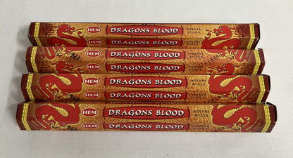Four packages of HEM Dragons Blood incense on a white background