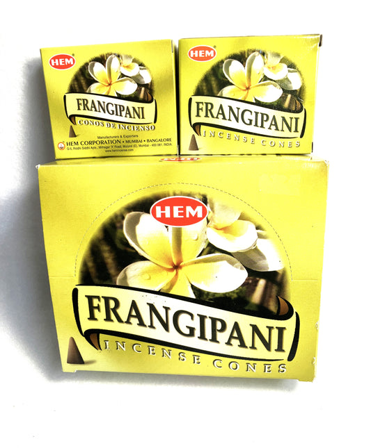 Master carton and two boxes of HEM Frangipani incense cones shown on a white background