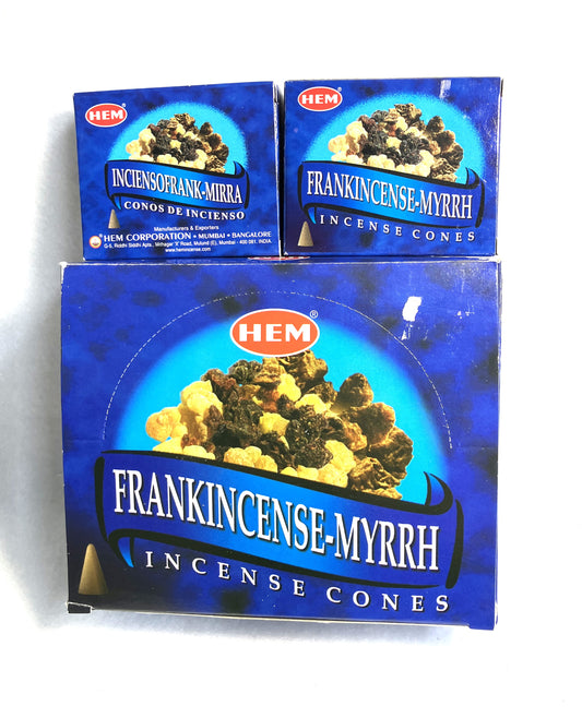 Master carton and two boxes of HEM Frankincense-Myrrh Incense Cones shown on a white background