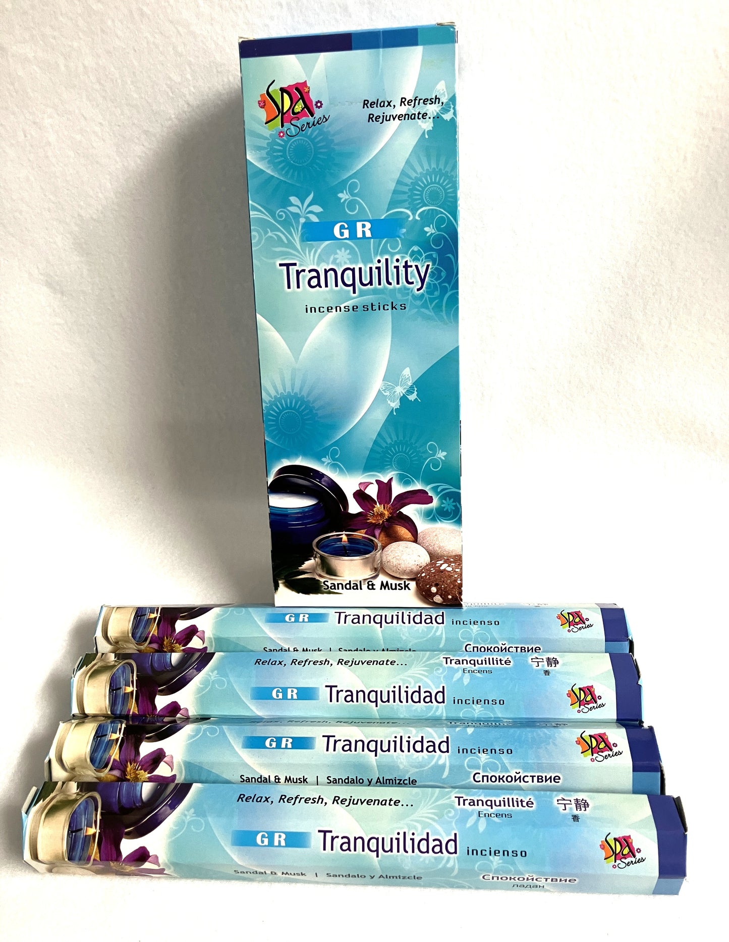 Packaging of 'GR Tranquility' incense sticks with a blue and white design.